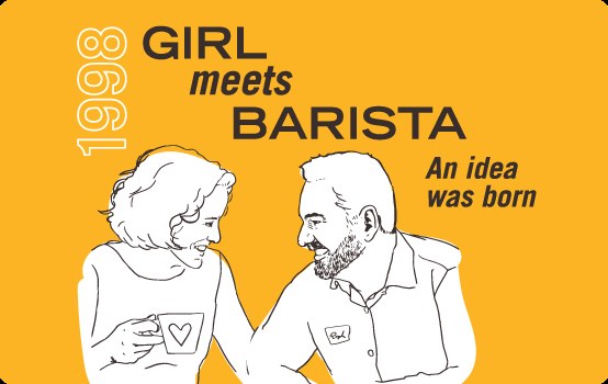 Illustration of Raphael and Sarah meeting behind a Philadelphia espresso bar in 1998