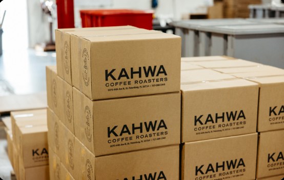 Kahwa Coffee shipping boxes stacked and ready for online orders