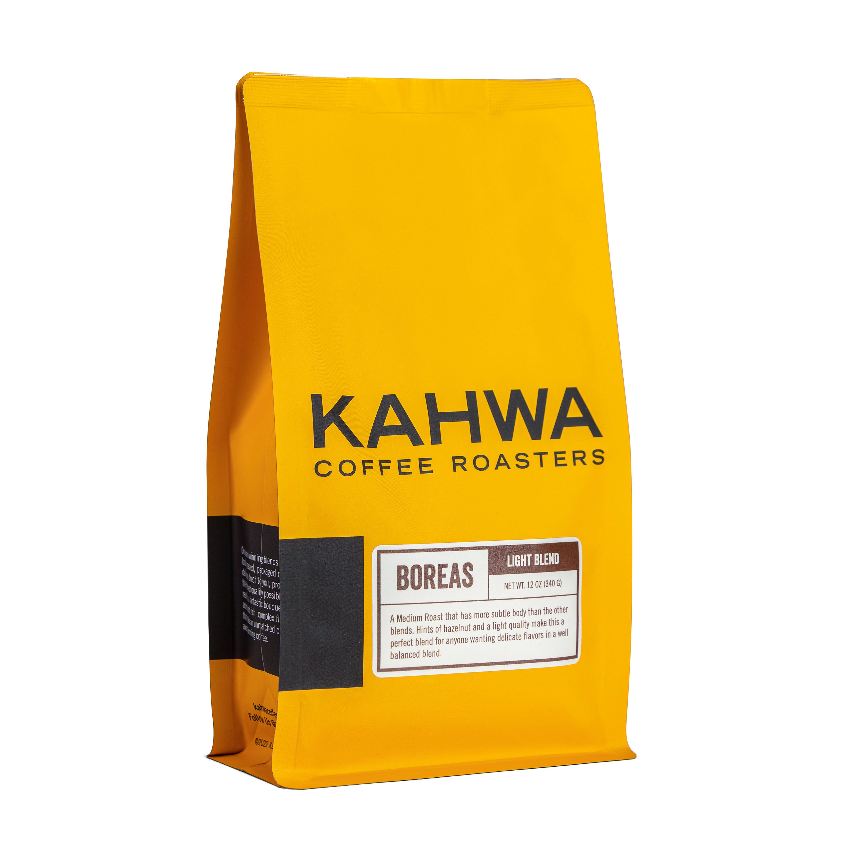 Kahwa Coffee Boreas Light Blend, a 12 oz yellow coffee bag with a white label