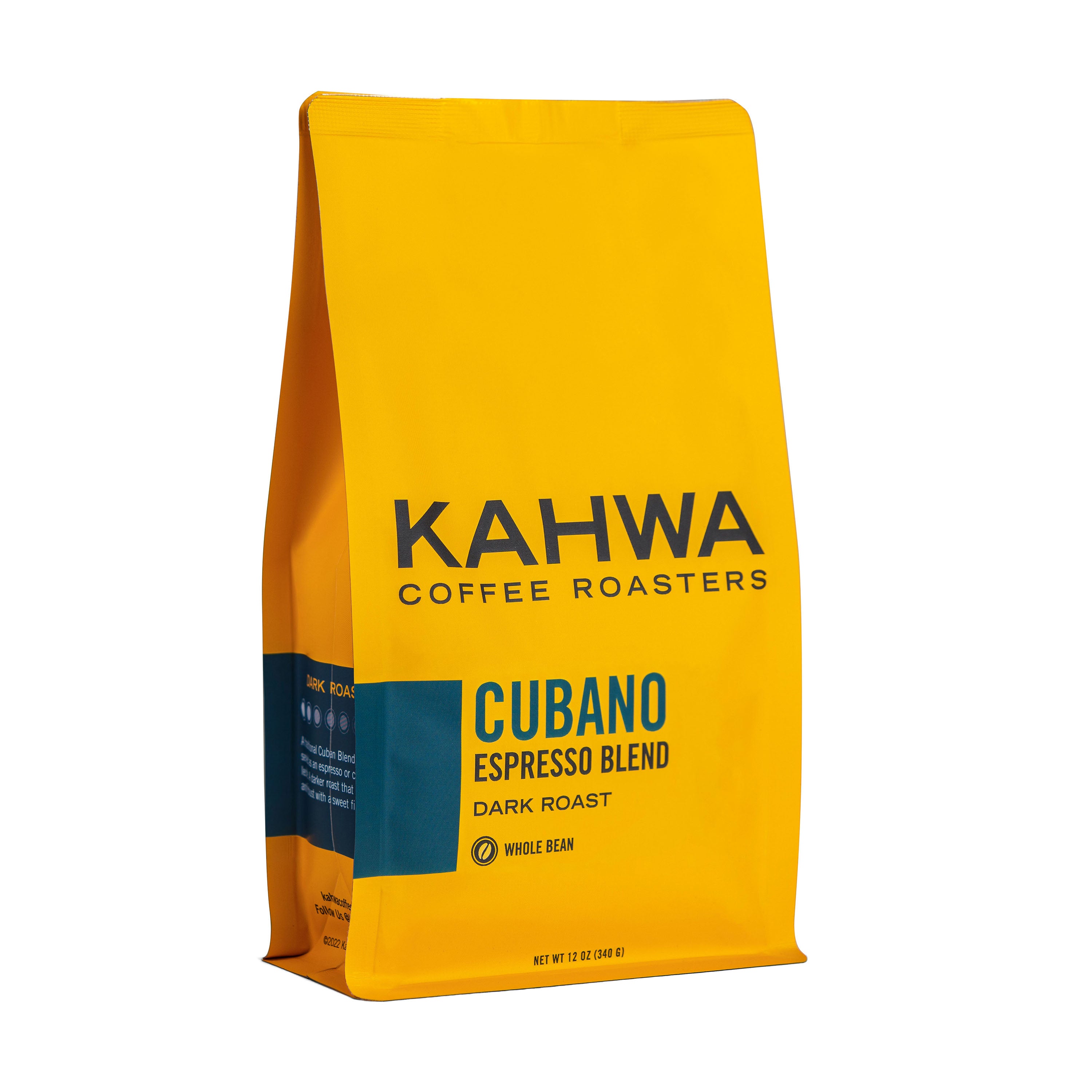 Kahwa Coffee Cubano Espresso Blend, a 12 oz yellow whole bean bag with a teal label, dark roast