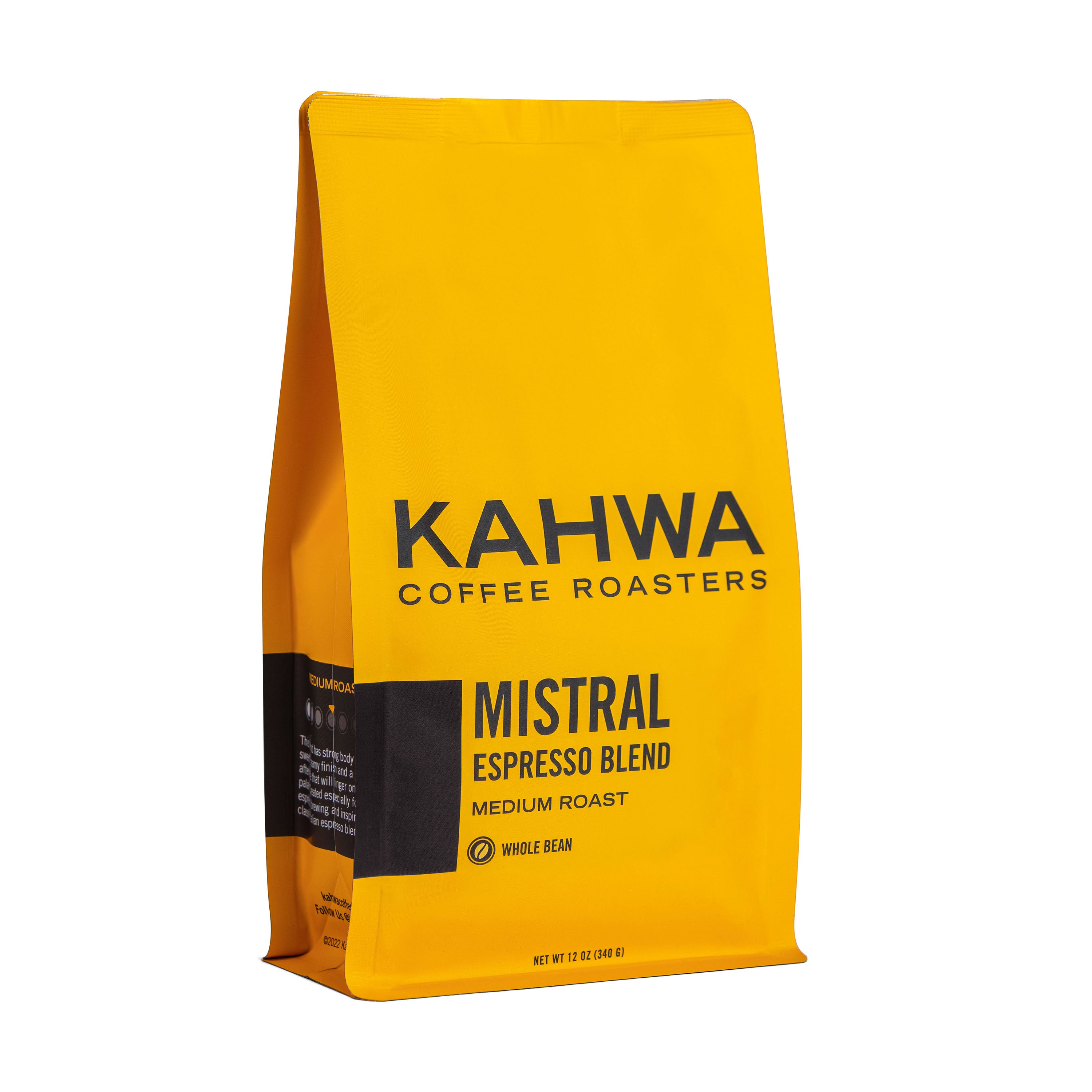 Kahwa Coffee Mistral Espresso Blend, a 12 oz yellow whole bean bag with a charcoal label, medium roast