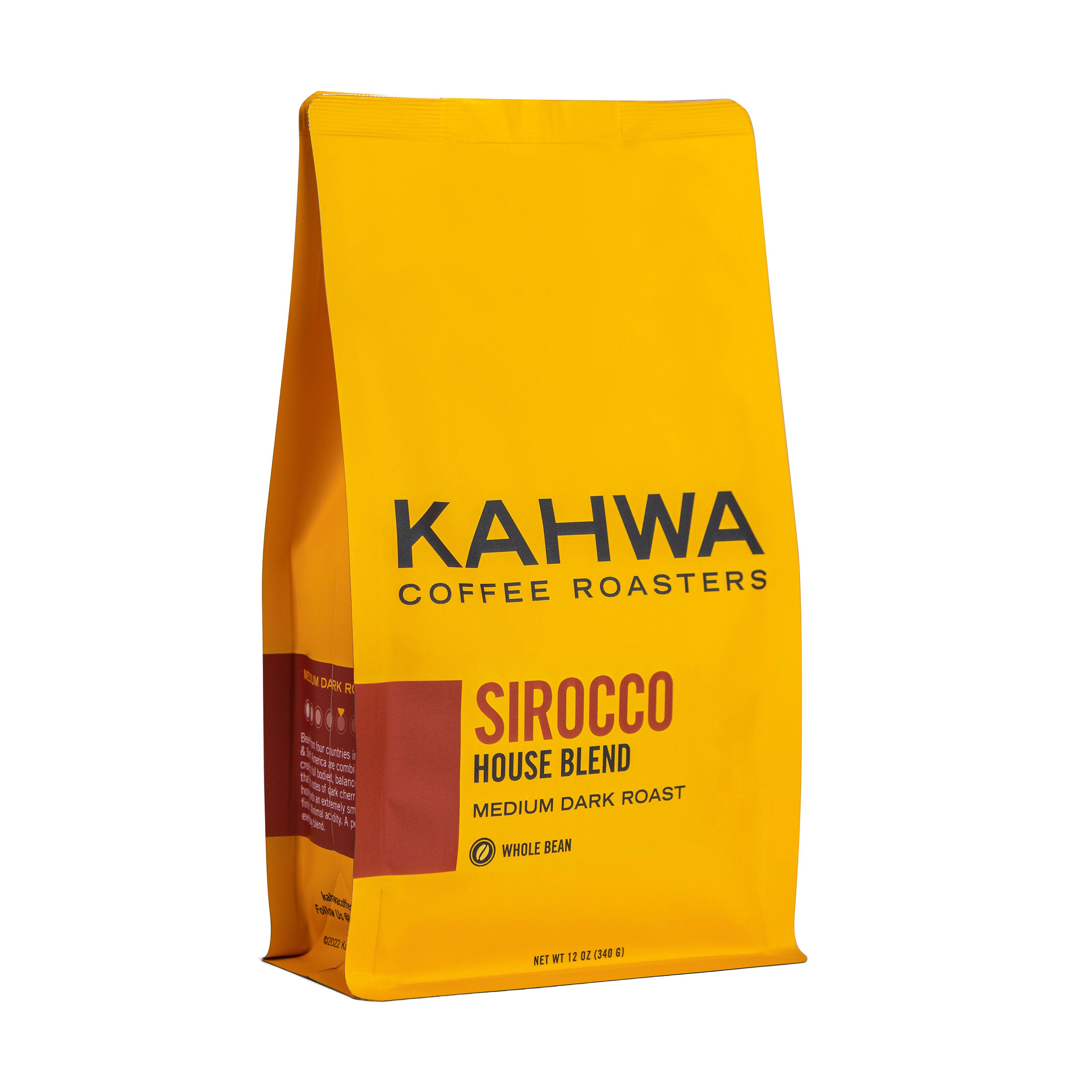Kahwa Coffee Sirocco House Blend, a 12 oz yellow whole bean bag with a rust-red label, medium dark roast
